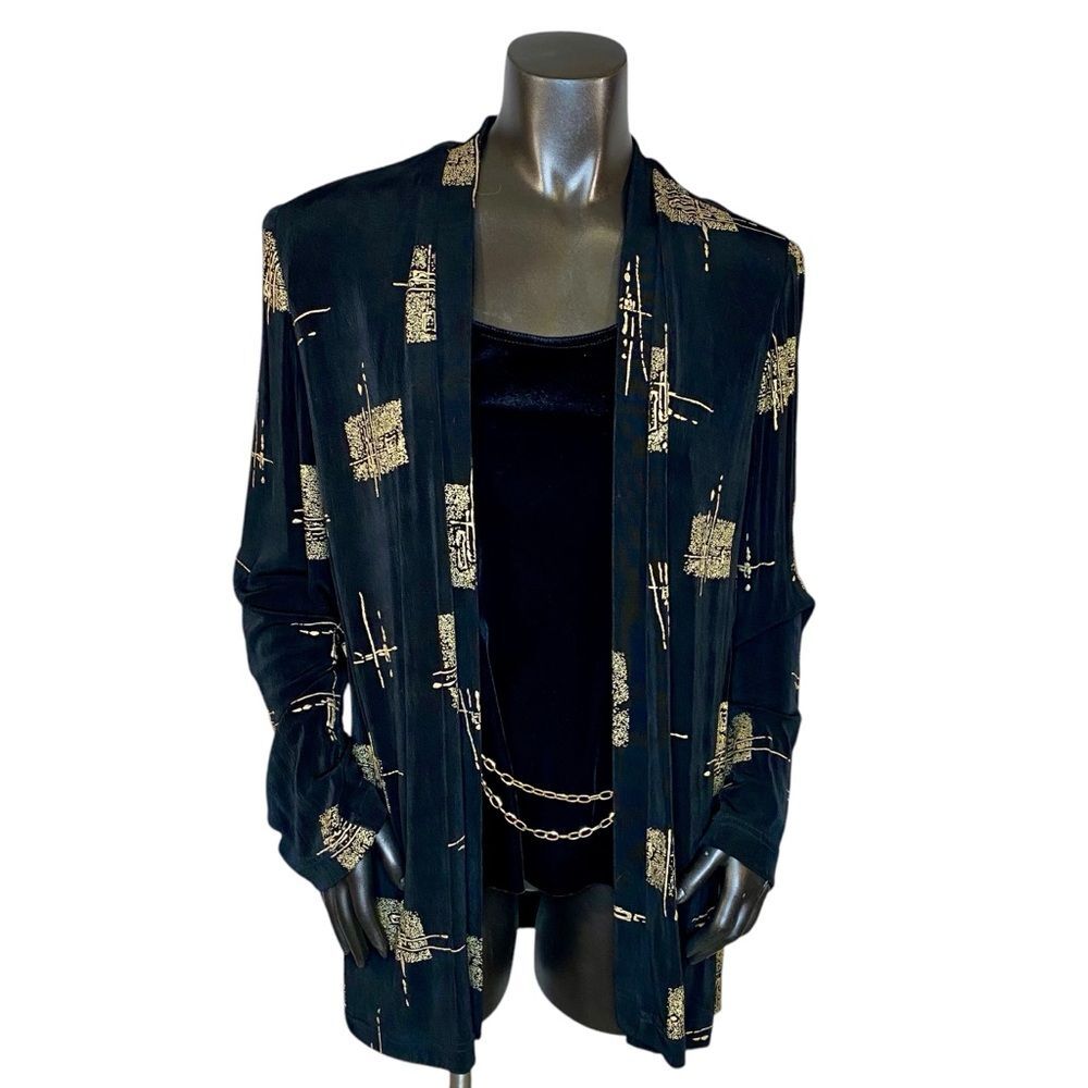 R&M Richards Black Blazer Jacket Velvet Tank Women Size 14 Gold Metal Detail